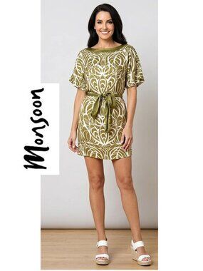 MONSOON, 100% silk dress! Green/cream leaf pattern dress